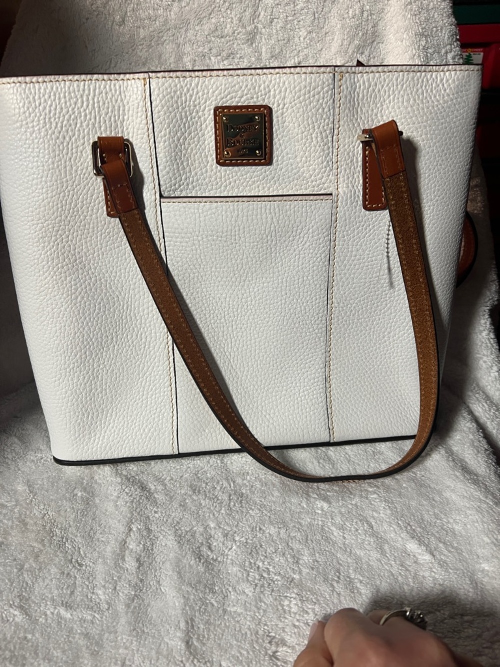 Dooney & Bourke White Pebble Leather Tote with Brown Straps
